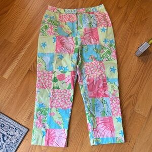 Lilly Pulitzer Punch Bowl Patch Print Cropped Pants Size 8 Vintage white label
